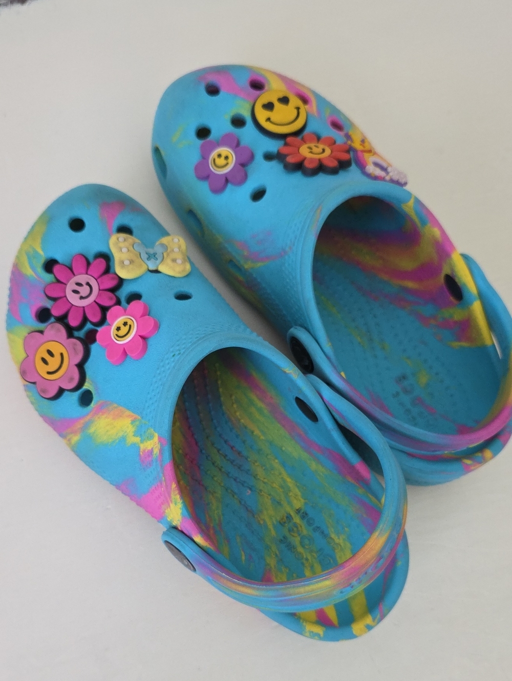 Kids Blue Tie-Dye Crocs Sandals with Smiley Flower Charms